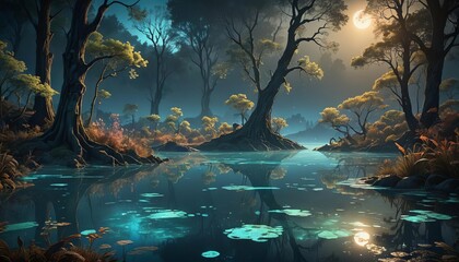 Wall Mural - A swampy landscape with lily pads growing in the water. 