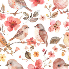 Sticker - Soft pastel pink and beige watercolor pattern of spring birds and flowers on white background.





4o


