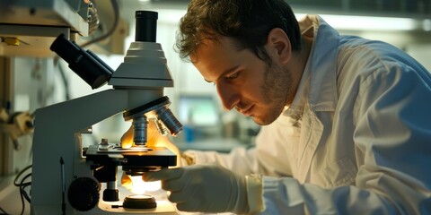 Wall Mural - A scientist examining a microscope slide, unraveling the mysteries of cellular biology in a laboratory