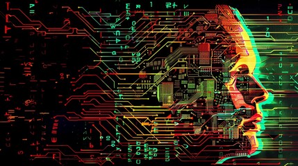 Abstract artwork of human head silhouette with circuit board design