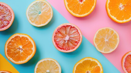 Wall Mural - Minimal flat lay with orange citrus slices on colorful background top view Summer concept with empty space