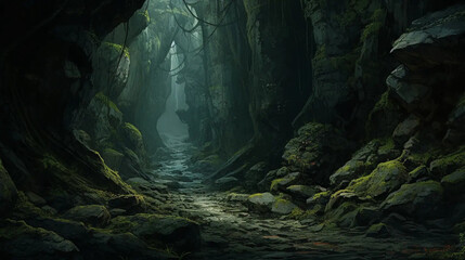 Wall Mural - Goblins explore a mysterious cave in a magical realm. Fantasy  wallpaper