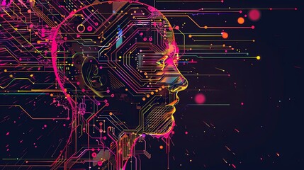 Abstract artwork of human head silhouette with circuit board design