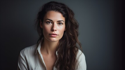 Poster - serious woman, natural light, neutral background, 