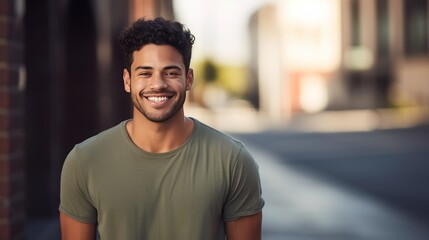 Wall Mural - Young man smiling in casual clothes with urban background,
