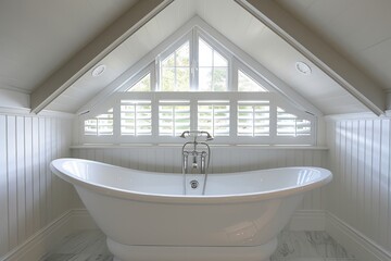 a Bathtub in a attic with a window