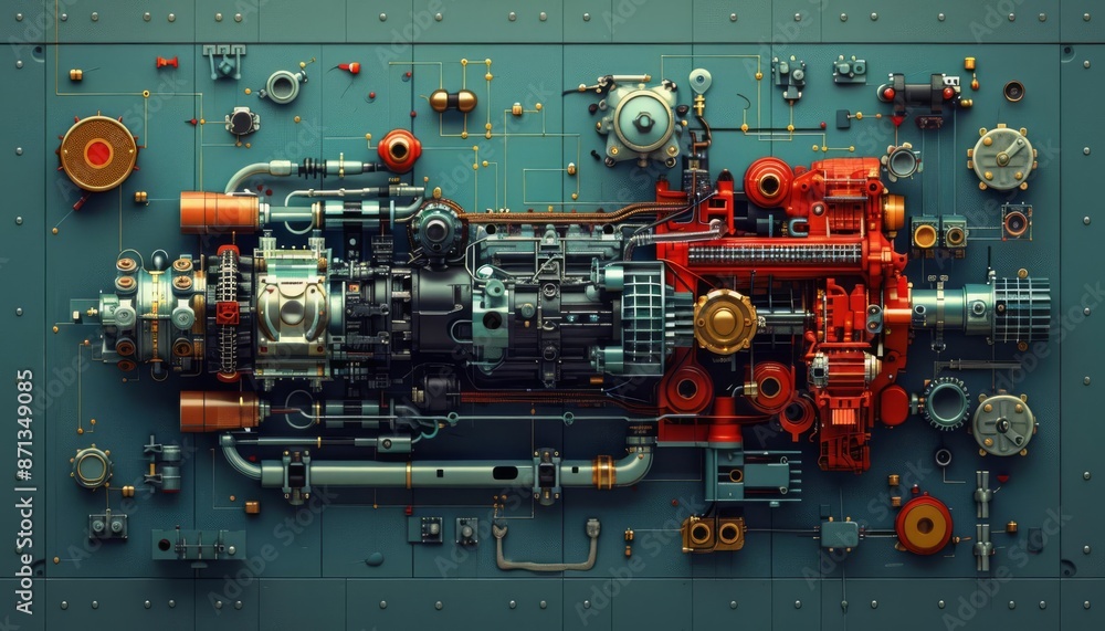 Intricate detail of a complex engine mechanism showing gears and ...