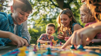 Close-up photorealistic family playing board games outdoors, bright summer sunlight, detailed game pieces and happy faces, vibrant colors, green park backdrop