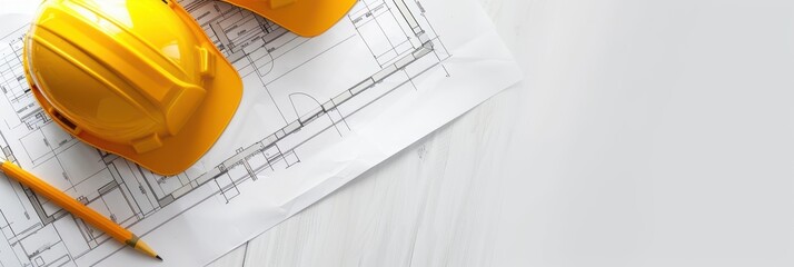 Yellow Hard Hat on Blueprint with Pencil  Construction Project Planning