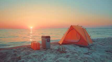 The beach camping scene at sunset.