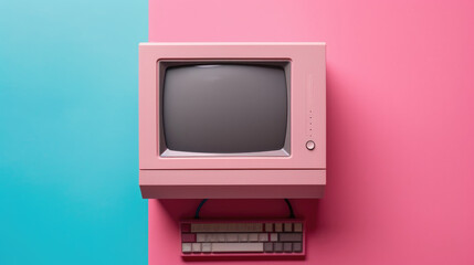 Wall Mural - Retro Pink Vintage Computer on Pastel Background Nostalgic Tech in Pop Art Style