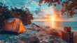 © saitharn - The beach camping scene at sunset.