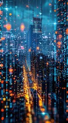 Wall Mural - ** Futuristic Cyber Cityscape: Illuminated Skyline with Digital Data Overlay at Night