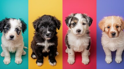 Wall Mural - Adorable purebred puppy noses up close sitting against colorful studio backdrops