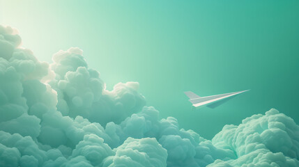 Wall Mural - A 3D illustration of a paper plane soaring through the sky, crisp white, fluffy white clouds