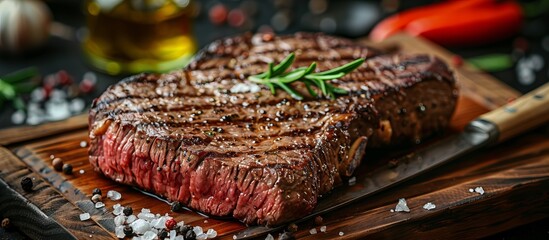 Grilled Steak with Rosemary on a Wooden Cutting Board