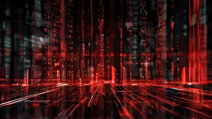 digital background red lines and patterns, resembling a futuristic matrix. The dark backdrop intense red circuitry, high-tech, cyberpunk aesthetic