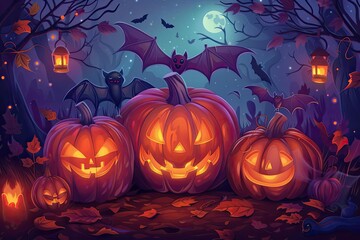 Wall Mural - Spooky Halloween scene with jack-o'-lanterns, bats, full moon, and lanterns in a dark, wooded area setting the festive mood.