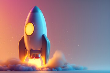 3d render, Cartoon space rocket rendered in a cold gradient line drawing