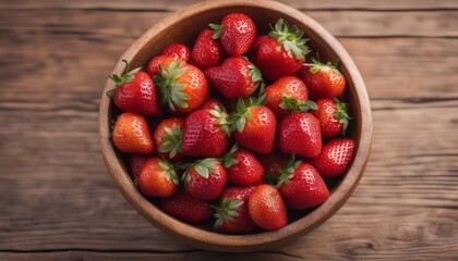 Wall Mural - Top view of strawberry on a wooden bowl