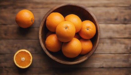 Wall Mural - Top view of oranges on a wooden bowl on a wooden background