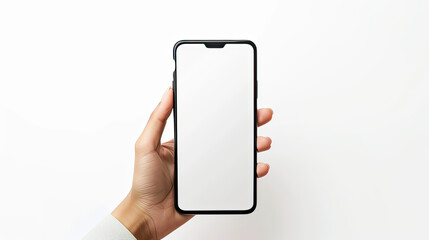 Mobile phone screen mockup in case. Hand holding smartphone display mock up isolated on white.