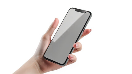 Mobile phone screen mockup in case. Hand holding smartphone display mock up isolated on white.