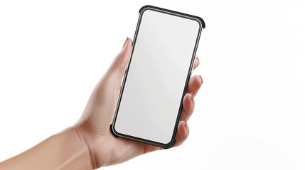 Mobile phone screen mockup in case. Hand holding smartphone display mock up isolated on white.