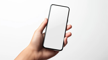 Mobile phone screen mockup in case. Hand holding smartphone display mock up isolated on white.