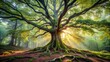 © DigitalArt Max - Majestic ancient deciduous tree with sprawling roots and twisted branches stands alone amidst vibrant greenery in a misty forest landscape.