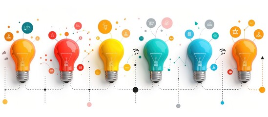 Colorful Light Bulbs Connected by Abstract Lines and Icons