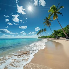 Wall Mural - A beautiful beach with palm trees and a clear blue ocean