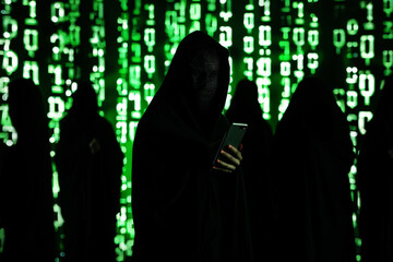Wall Mural - hacker in hood against binary code background, silhouette, computer crime concept generative ai