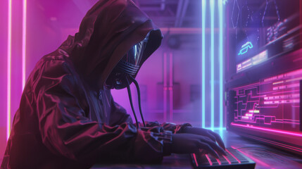 A hooded and masked individual intently types on a keyboard in a dark room illuminated by neon lights, exuding an air of mystery.