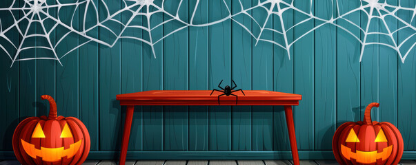 A Halloween scene with a spider on a table and two pumpkins on the floor