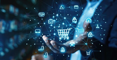 businessman touching virtual icon of store,a shopping cart is shown on a display of electronic devices and symbols