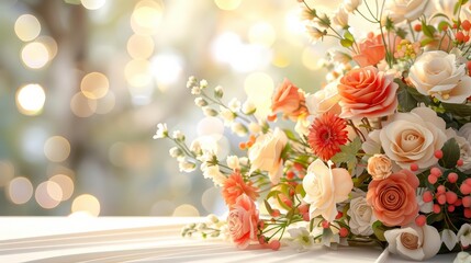 A beautiful bouquet of orange and cream colored flowers sits on a white table