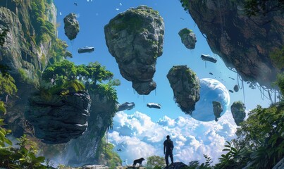Wall Mural - concept art of an alien world with giant floating rocks, lush jungle plants and mossy cliffs, a man in black stands next to his dog on the ground looking up at them,  