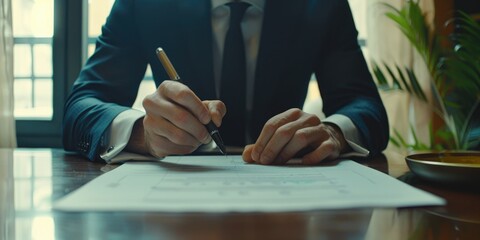 Wall Mural - business man holding a pen signing agreement contract, ai