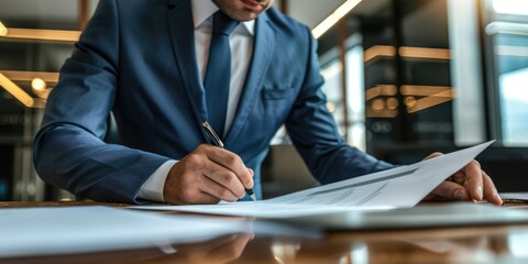 Wall Mural - business man holding a pen signing agreement contract, ai