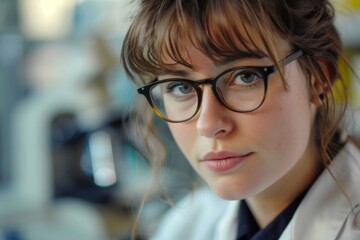 Wall Mural - Portrait of a female scientist wearing glasses, conducting research in a modern laboratory setting