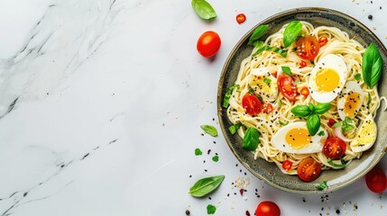 Wall Mural - Top view of delicious noodles with eggs and vegetables on marble backdrop Text space available