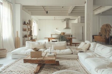 Wall Mural - interior of modern bright living room with white sofa and coffee table