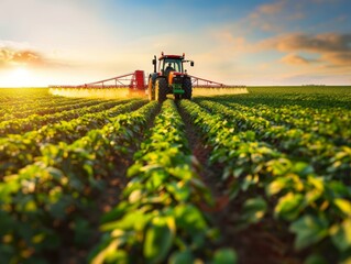 Tractor spraying pesticides fertilizer on soybean crops farm field in spring evening - ai