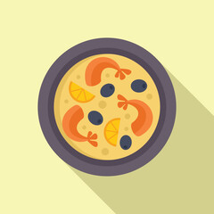 Sticker - Traditional spanish paella with shrimps, olives and lemon slices is served in a pan