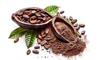 Wall Mural - Cocoa beans in pod and leaves with powder on a white background. Tropical fruit.