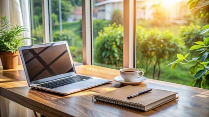 Wall Mural - A serene, minimalist workspace with a laptop, notebooks, and a cup of coffee on a wooden desk near a window.