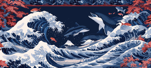 Wall Mural - Colorful Ocean Wave Scene with Dolphins and Red Coral in Artistic Illustration