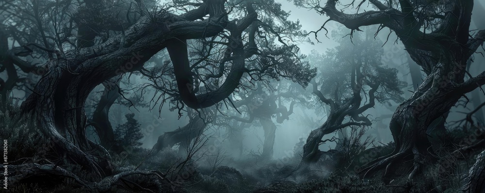 Eerie dark forest with twisted trees and fog, evoking a sense of ...