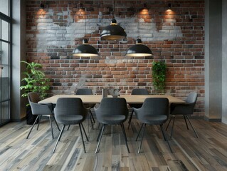 Wall Mural - modern dining table with chairs in front of brick wall, white and grey wood flooring, industrial